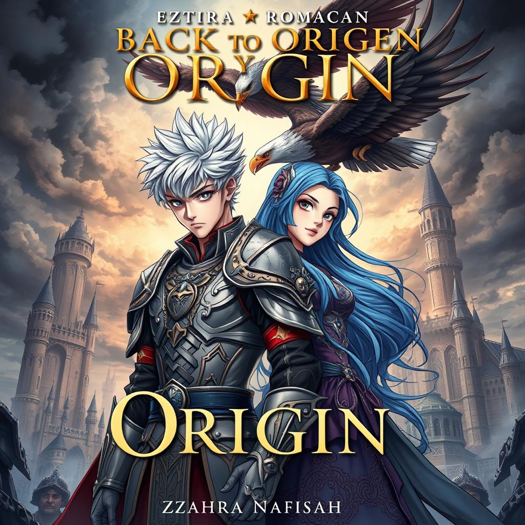A captivating book cover in an anime style featuring a 22-year-old man with spiky silver hair, dressed in regal battle armor with intricate designs, standing alongside a 21-year-old woman with long flowing blue hair in a beautifully crafted gown, evoking a regal theme