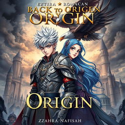 A captivating book cover in an anime style featuring a 22-year-old man with spiky silver hair, dressed in regal battle armor with intricate designs, standing alongside a 21-year-old woman with long flowing blue hair in a beautifully crafted gown, evoking a regal theme
