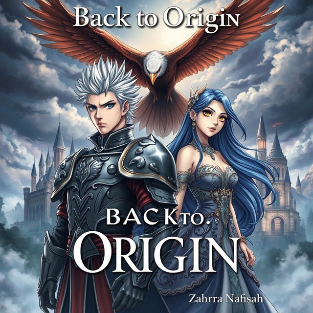 A captivating book cover in an anime style featuring a 22-year-old man with spiky silver hair, dressed in regal battle armor with intricate designs, standing alongside a 21-year-old woman with long flowing blue hair in a beautifully crafted gown, evoking a regal theme