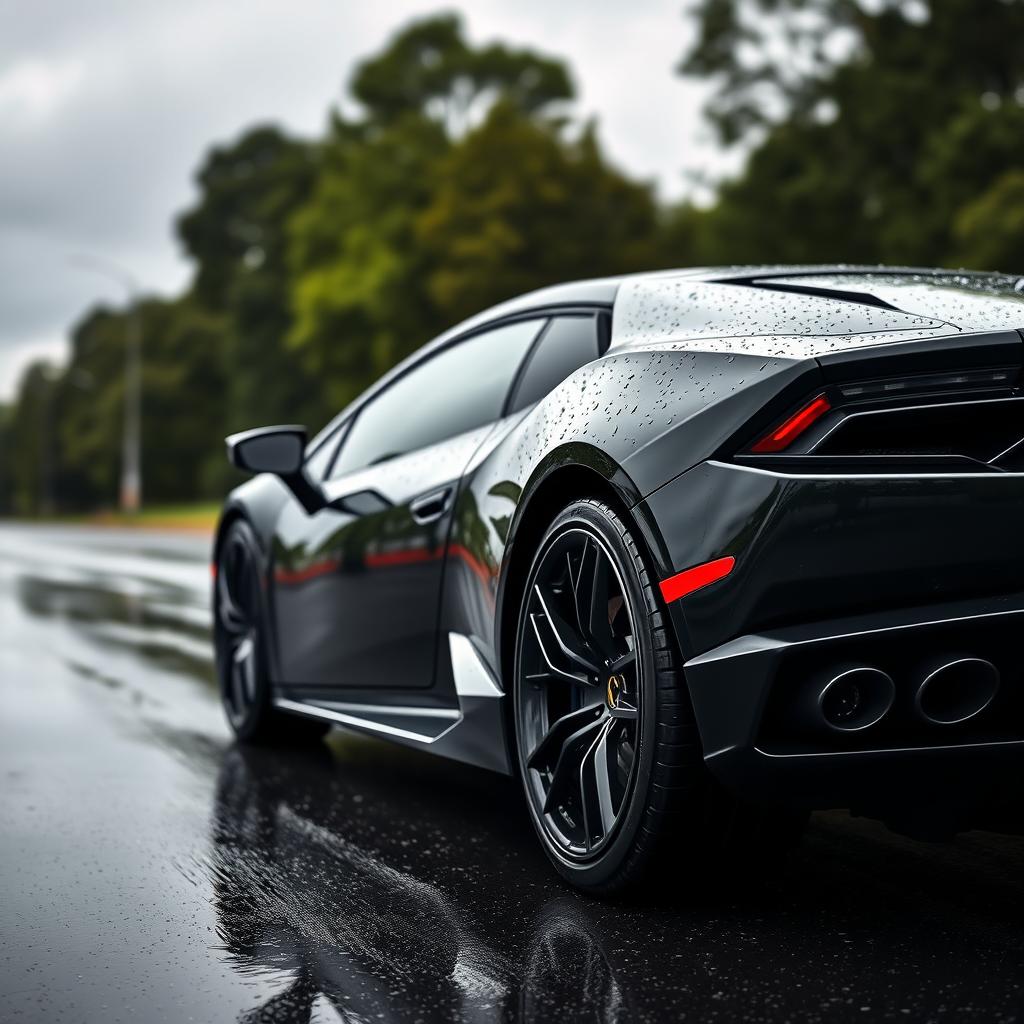A sleek black Lamborghini Huracan captured in a side view, elegantly positioned on a rain-soaked road