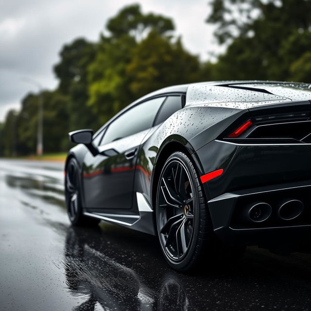 A sleek black Lamborghini Huracan captured in a side view, elegantly positioned on a rain-soaked road