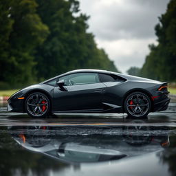 A sleek black Lamborghini Huracan captured in a side view, elegantly positioned on a rain-soaked road