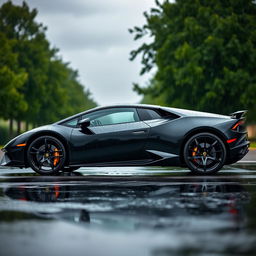 A sleek black Lamborghini Huracan captured in a side view, elegantly positioned on a rain-soaked road