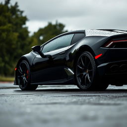 A sleek black Lamborghini Huracan captured in a side view, elegantly positioned on a rain-soaked road