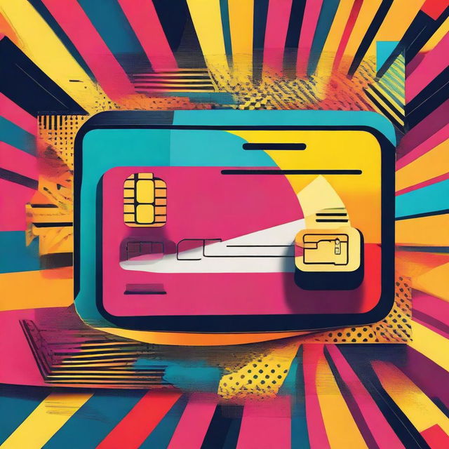 A pop art style illustration of a credit card with bold colors, dramatic contrasts, and geometric patterns, while keeping the typical financial details blank.