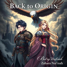 A striking book cover in anime style featuring a 22-year-old man with black hair and intense eyes, dressed in ornate royal armor that reflects a mysterious kingdom's elegance