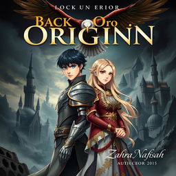 A striking book cover in anime style featuring a 22-year-old man with black hair and intense eyes, dressed in ornate royal armor that reflects a mysterious kingdom's elegance