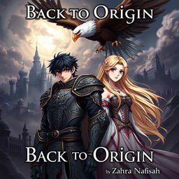 A striking book cover in anime style featuring a 22-year-old man with black hair and intense eyes, dressed in ornate royal armor that reflects a mysterious kingdom's elegance