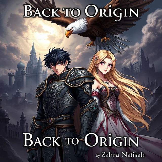 A striking book cover in anime style featuring a 22-year-old man with black hair and intense eyes, dressed in ornate royal armor that reflects a mysterious kingdom's elegance