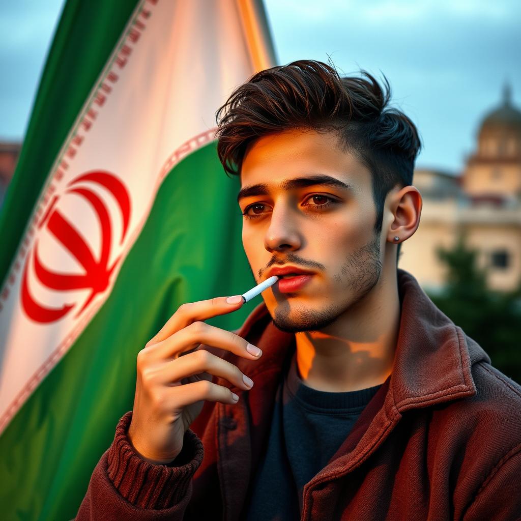 A young adult smoking a cigarette next to the Iranian flag, with a backdrop that captures the essence of Iran's rich culture