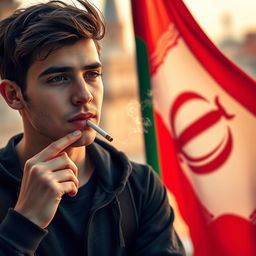 A young adult smoking a cigarette next to the Iranian flag, with a backdrop that captures the essence of Iran's rich culture