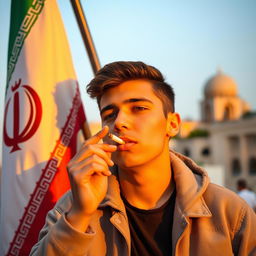 A young adult smoking a cigarette next to the Iranian flag, with a backdrop that captures the essence of Iran's rich culture