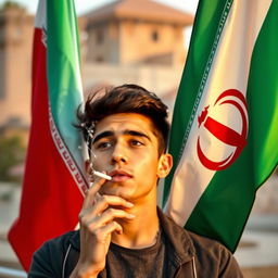 A young adult smoking a cigarette next to the Iranian flag, with a backdrop that captures the essence of Iran's rich culture
