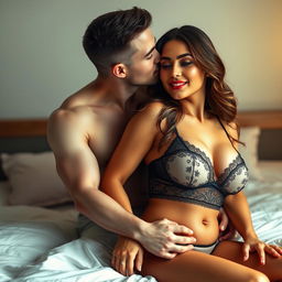 A romantic scene depicting a handsome 35-year-old man with pure white skin, embracing a beautiful 28-year-old woman from behind