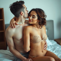 A romantic scene depicting a handsome 35-year-old man with pure white skin, embracing a beautiful 28-year-old woman from behind