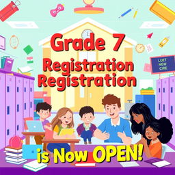 A dynamic school early registration poster specifically designed for Grade 7, showcasing a lively classroom environment filled with diverse pre-teens engaged in various educational activities