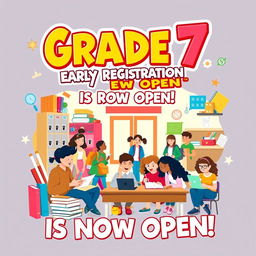 A dynamic school early registration poster specifically designed for Grade 7, showcasing a lively classroom environment filled with diverse pre-teens engaged in various educational activities