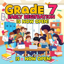 A dynamic school early registration poster specifically designed for Grade 7, showcasing a lively classroom environment filled with diverse pre-teens engaged in various educational activities