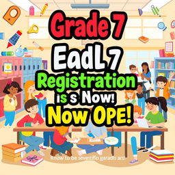 A dynamic school early registration poster specifically designed for Grade 7, showcasing a lively classroom environment filled with diverse pre-teens engaged in various educational activities
