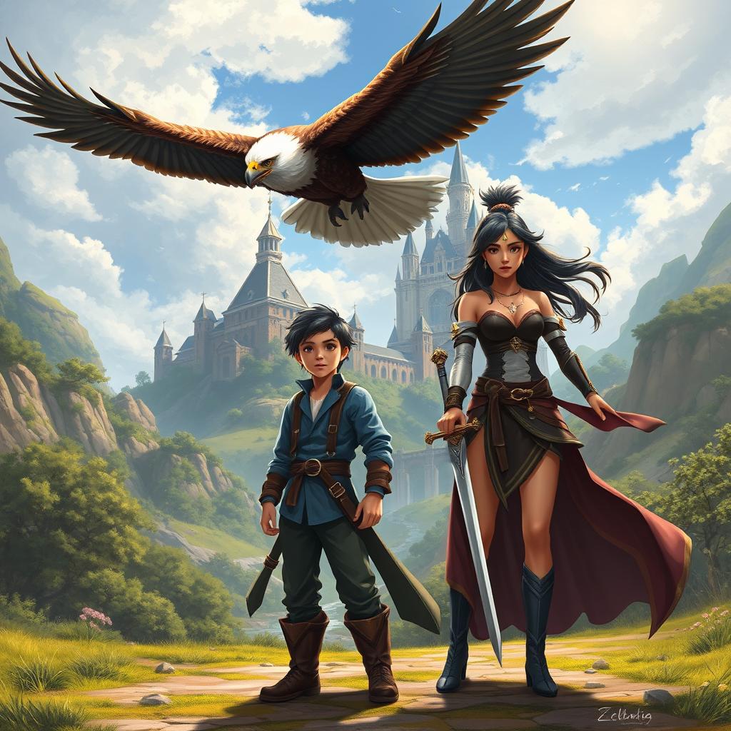 An adventurous scene depicting a young male student named Gabriel Rosseu who has been transported to a fantastical, unknown world