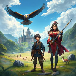 An adventurous scene depicting a young male student named Gabriel Rosseu who has been transported to a fantastical, unknown world