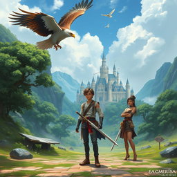 An adventurous scene depicting a young male student named Gabriel Rosseu who has been transported to a fantastical, unknown world