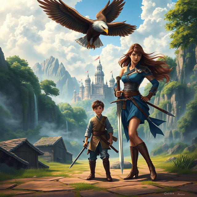 An adventurous scene depicting a young male student named Gabriel Rosseu who has been transported to a fantastical, unknown world