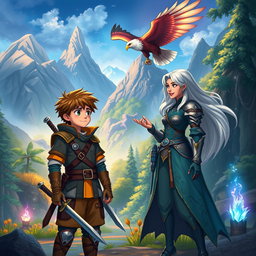 A vibrant and enchanting scene depicting Gabriel Rosseu, a young student with a determined expression, standing in a mystical training ground of a different world