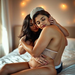 A romantic scene featuring a 35-year-old man with pure white skin, affectionately hugging a beautiful 28-year-old woman from behind