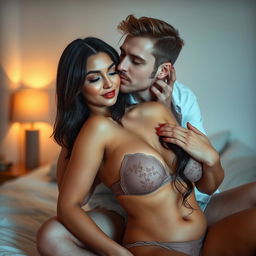 A romantic scene featuring a 35-year-old man with pure white skin, affectionately hugging a beautiful 28-year-old woman from behind