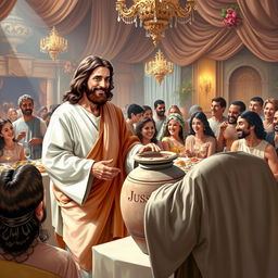 A vibrant depiction of Jesus at the Wedding at Cana, showcasing a lively celebration atmosphere