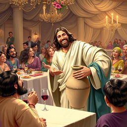 A vibrant depiction of Jesus at the Wedding at Cana, showcasing a lively celebration atmosphere