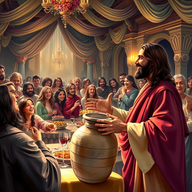A vibrant depiction of Jesus at the Wedding at Cana, showcasing a lively celebration atmosphere