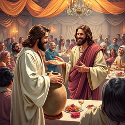 A vibrant depiction of Jesus at the Wedding at Cana, showcasing a lively celebration atmosphere
