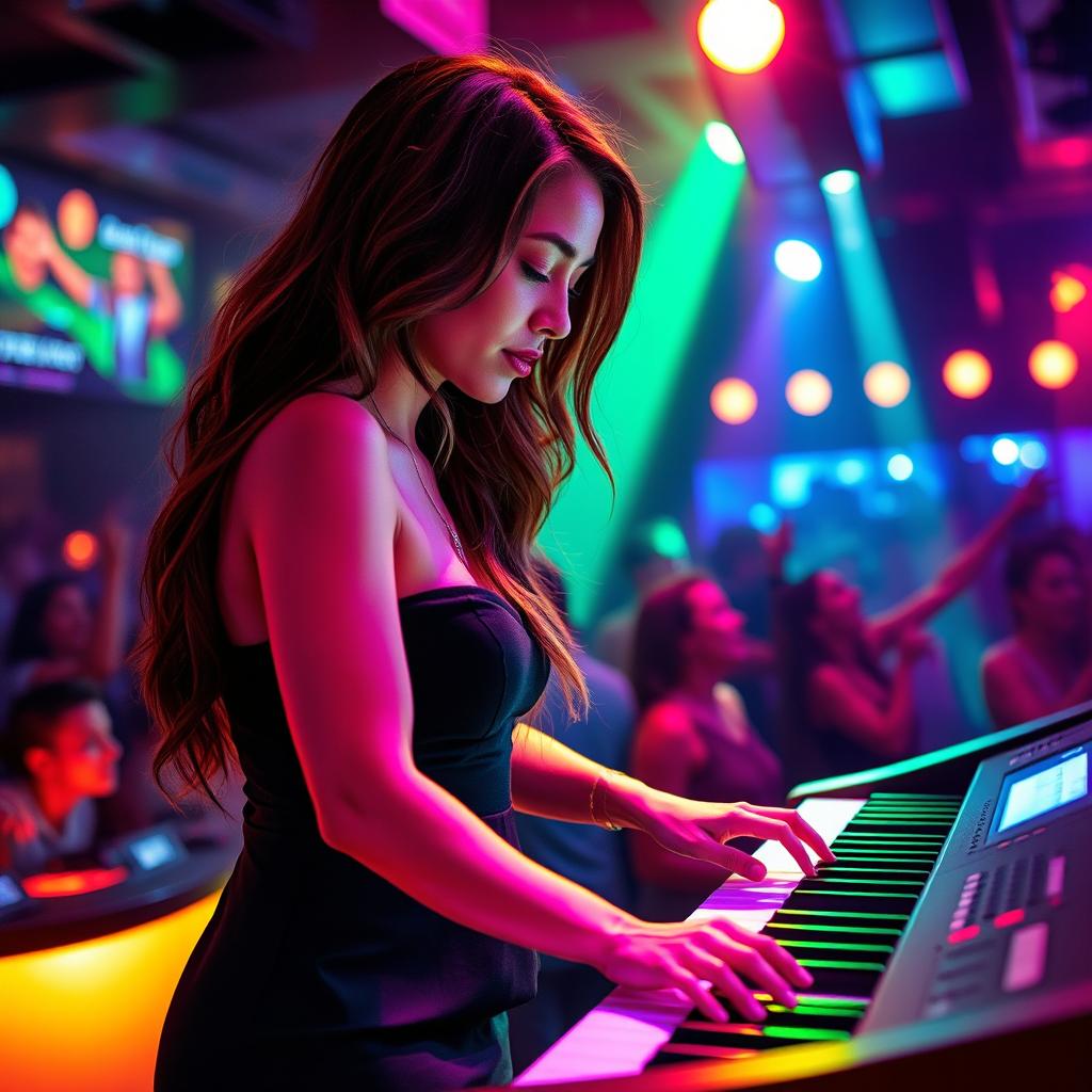 39-year-old attractive white woman named Dayna Wynter, energetically playing keyboards on a colorful nightclub stage filled with pulsating lights and an enthusiastic crowd