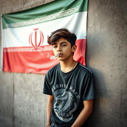 A teenage boy smoking a cigarette while leaning against a textured wall, with the Iranian flag prominently displayed in the background