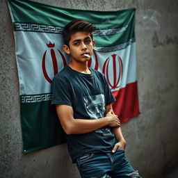 A teenage boy smoking a cigarette while leaning against a textured wall, with the Iranian flag prominently displayed in the background