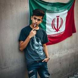 A teenage boy smoking a cigarette while leaning against a textured wall, with the Iranian flag prominently displayed in the background