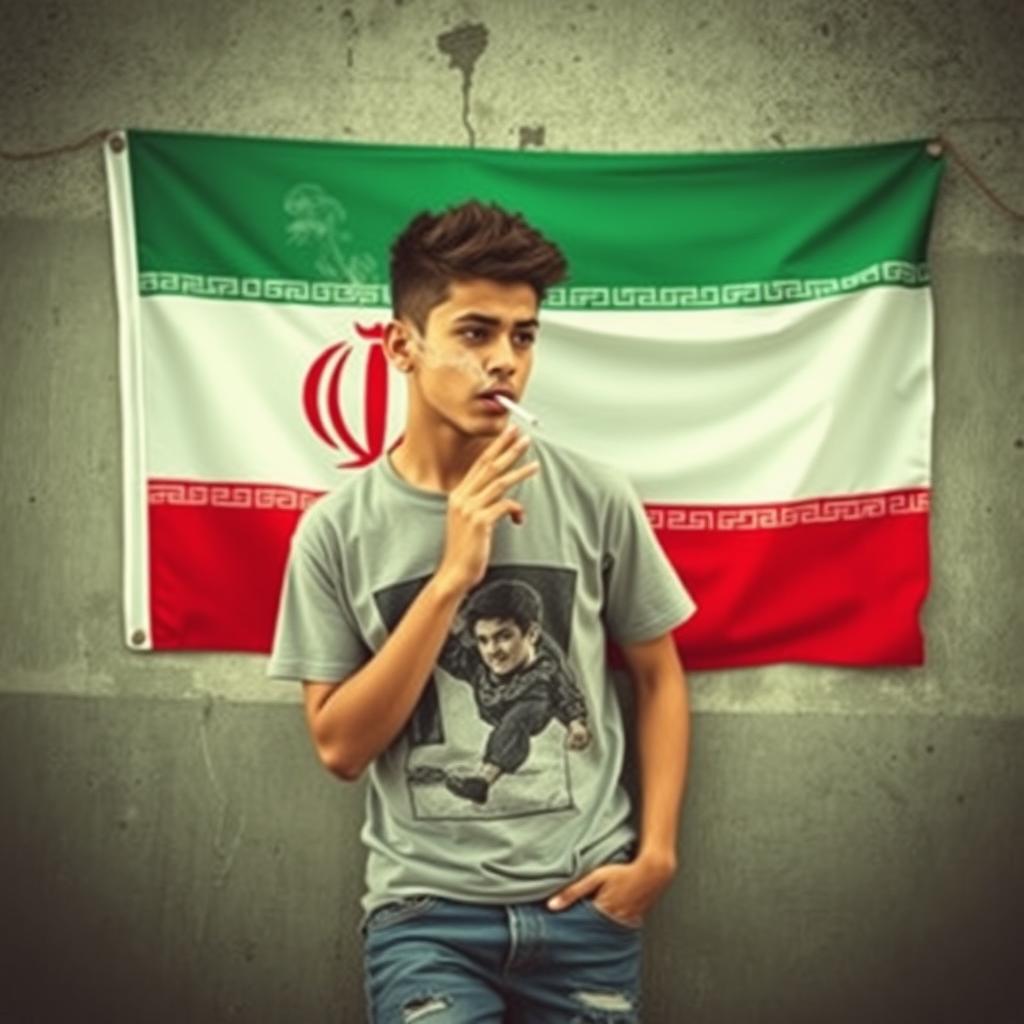 A teenage boy smoking a cigarette while leaning against a textured wall, with the Iranian flag prominently displayed in the background
