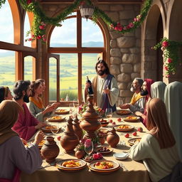 A colorful and vibrant depiction of the wedding at Cana, featuring Jesus performing the miracle of turning water into wine