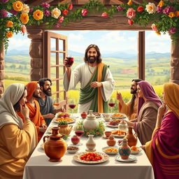 A colorful and vibrant depiction of the wedding at Cana, featuring Jesus performing the miracle of turning water into wine