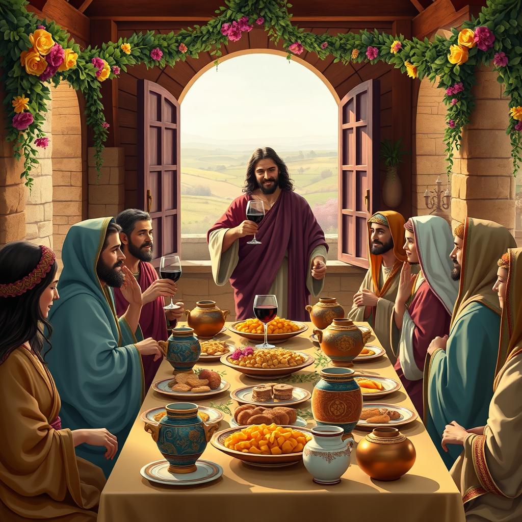 A colorful and vibrant depiction of the wedding at Cana, featuring Jesus performing the miracle of turning water into wine