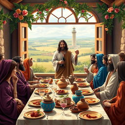 A colorful and vibrant depiction of the wedding at Cana, featuring Jesus performing the miracle of turning water into wine