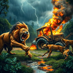 A fierce scene depicting a lion in the midst of a battle with a jackal and a hyena in a dense forest