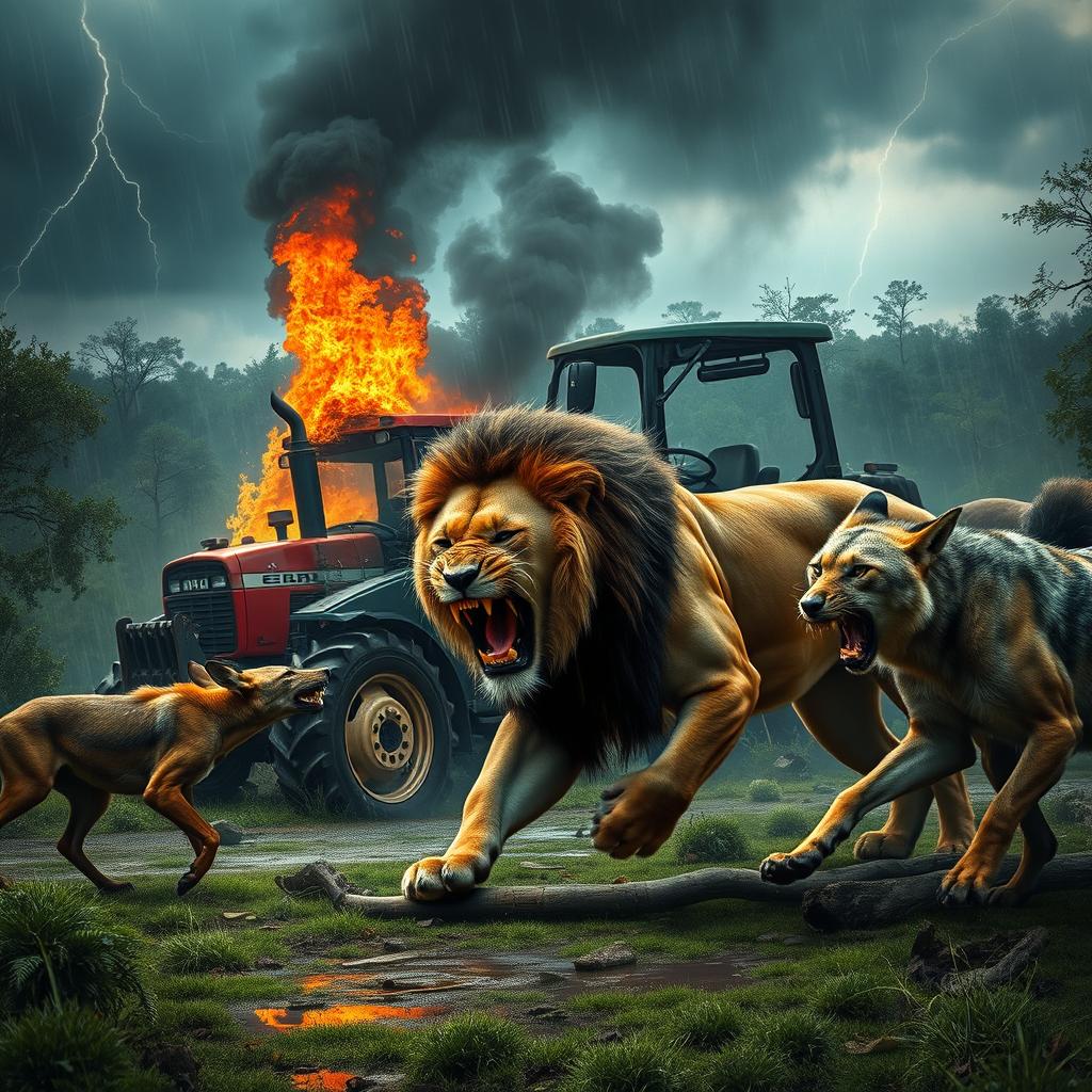 A fierce scene depicting a lion in the midst of a battle with a jackal and a hyena in a dense forest