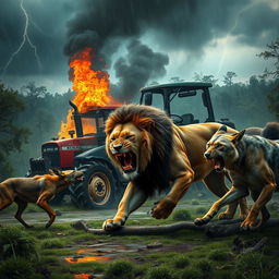 A fierce scene depicting a lion in the midst of a battle with a jackal and a hyena in a dense forest