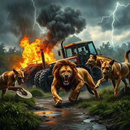 A fierce scene depicting a lion in the midst of a battle with a jackal and a hyena in a dense forest