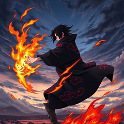 A dynamic side view of Uchiha Itachi performing a powerful fire technique, showcasing vivid flames erupting from his hands