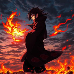 A dynamic side view of Uchiha Itachi performing a powerful fire technique, showcasing vivid flames erupting from his hands