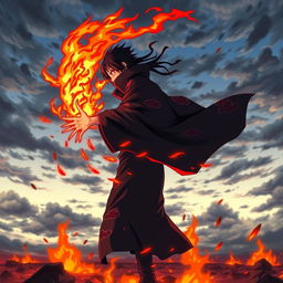 A dynamic side view of Uchiha Itachi performing a powerful fire technique, showcasing vivid flames erupting from his hands
